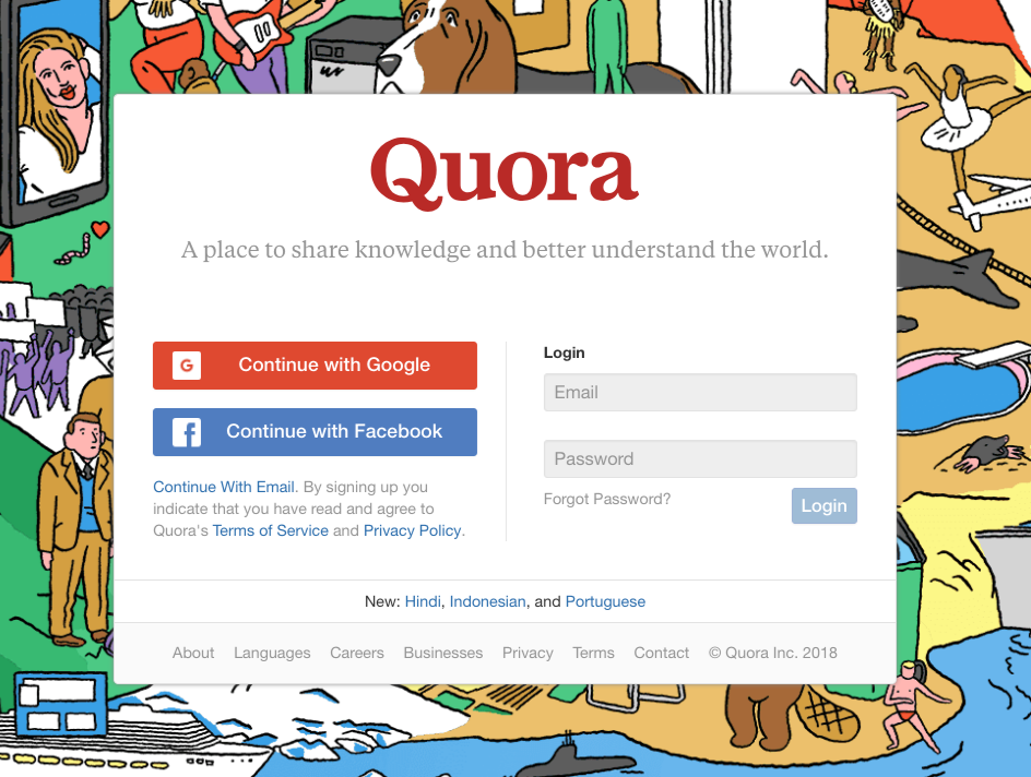 Screenshot of the website Quora's login page.